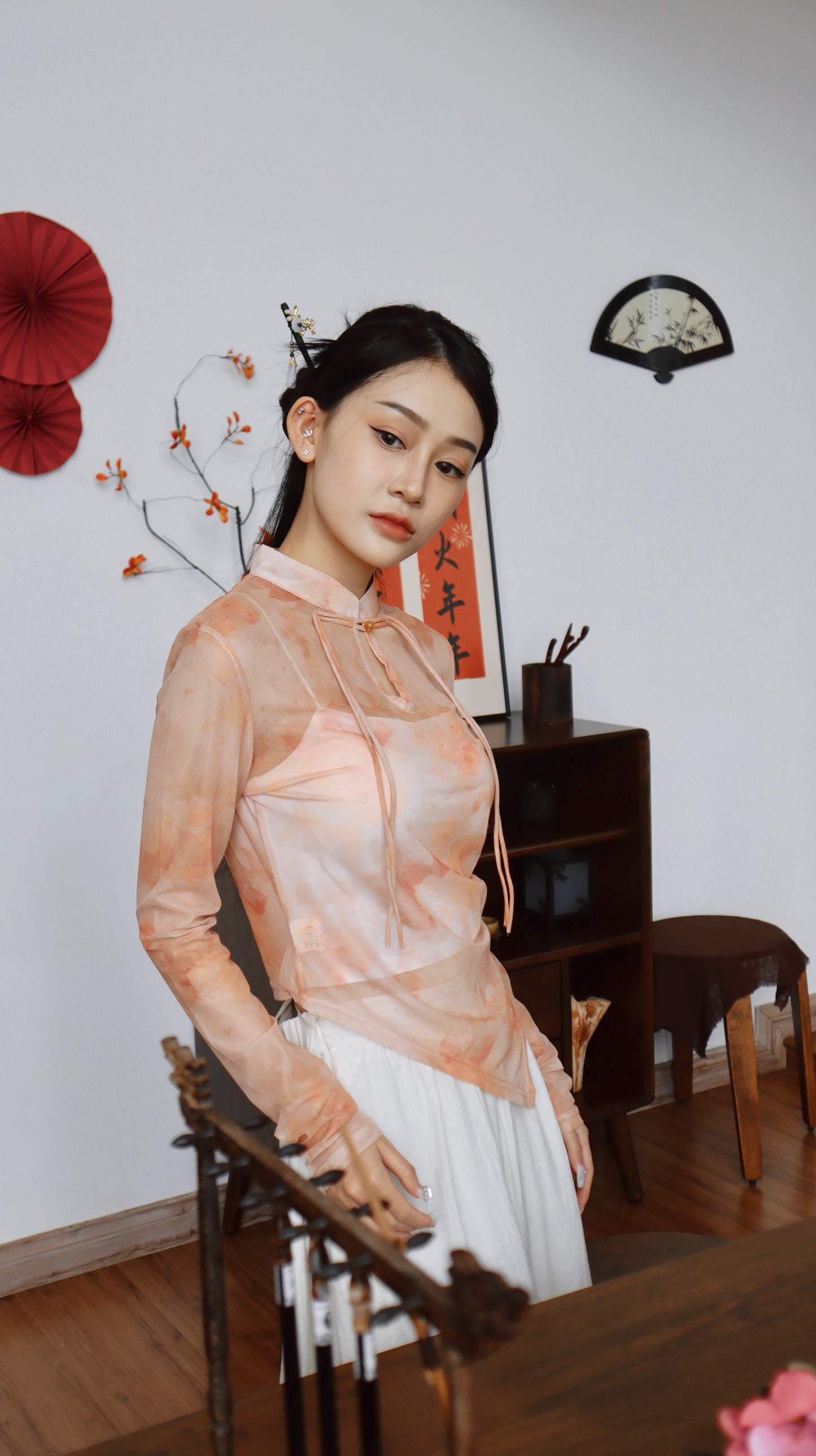 FORTUNA BLISS CHEONGSAM MESH TOP