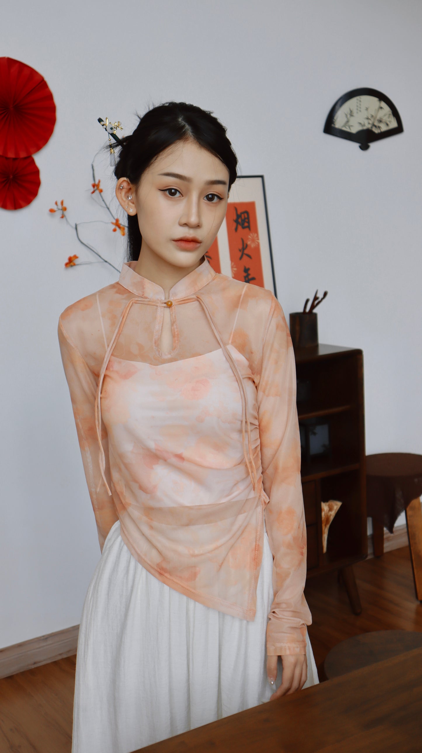 FORTUNA BLISS CHEONGSAM MESH TOP