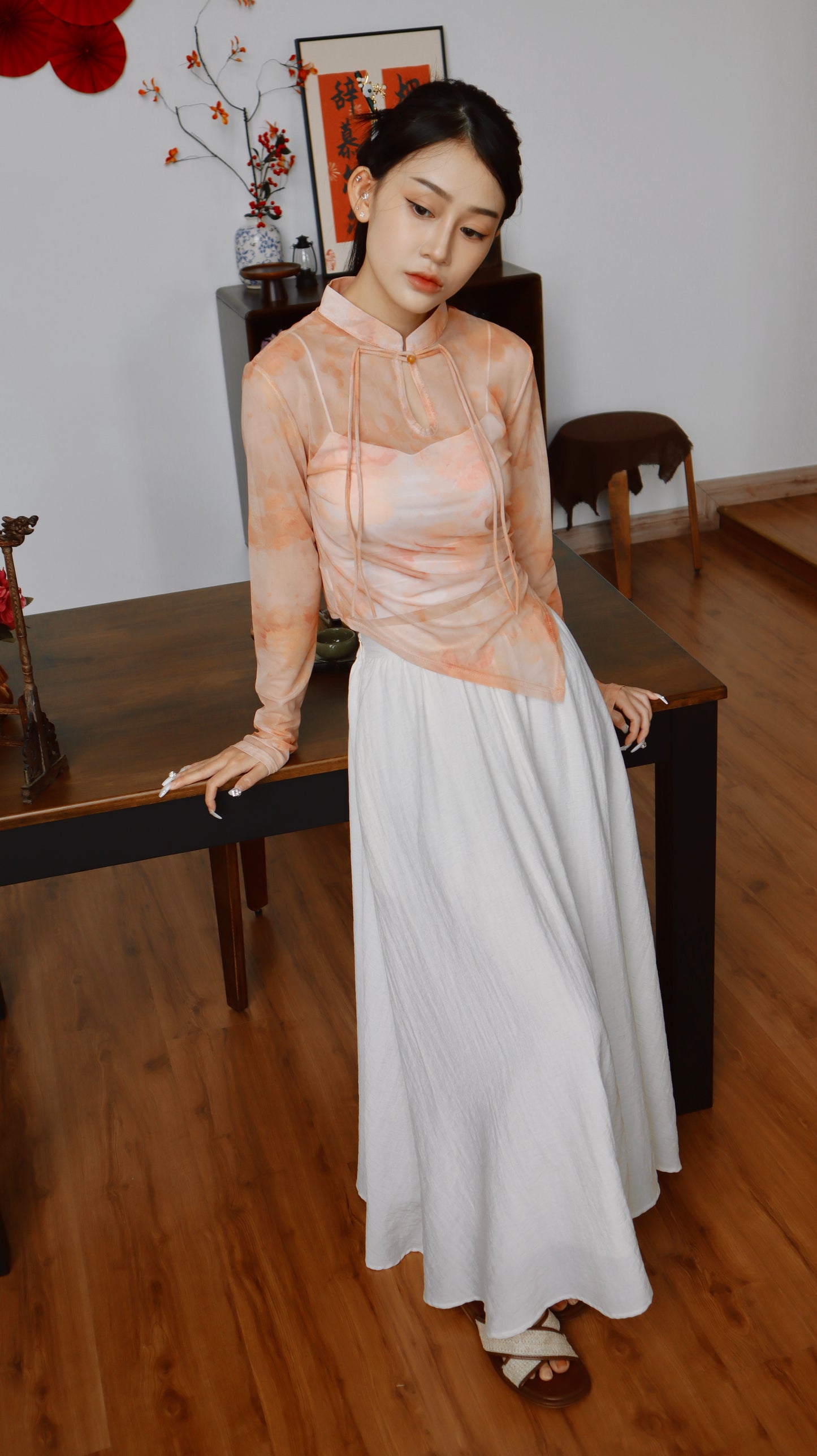FORTUNA BLISS CHEONGSAM MESH TOP