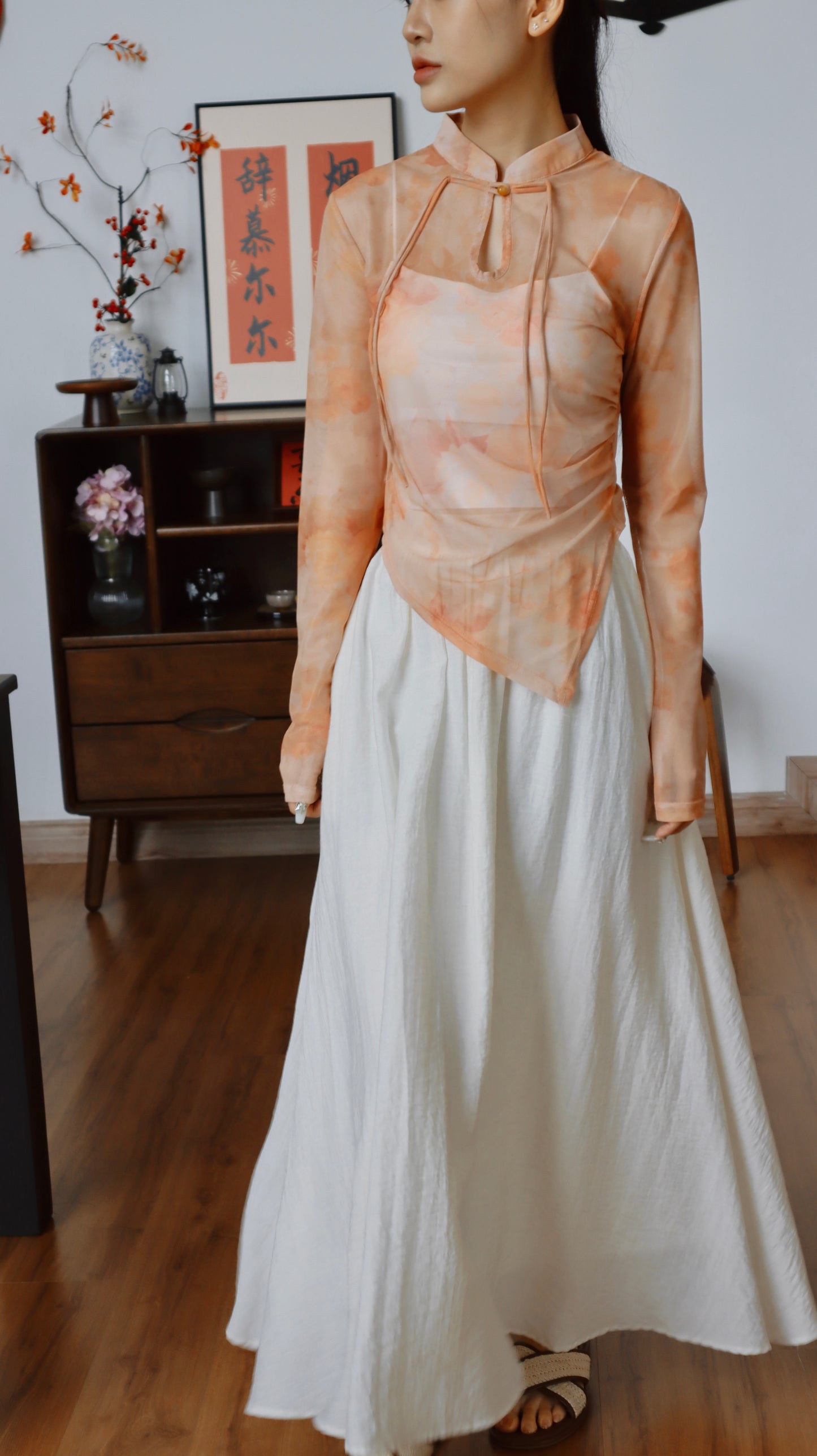 FORTUNA BLISS CHEONGSAM MESH TOP