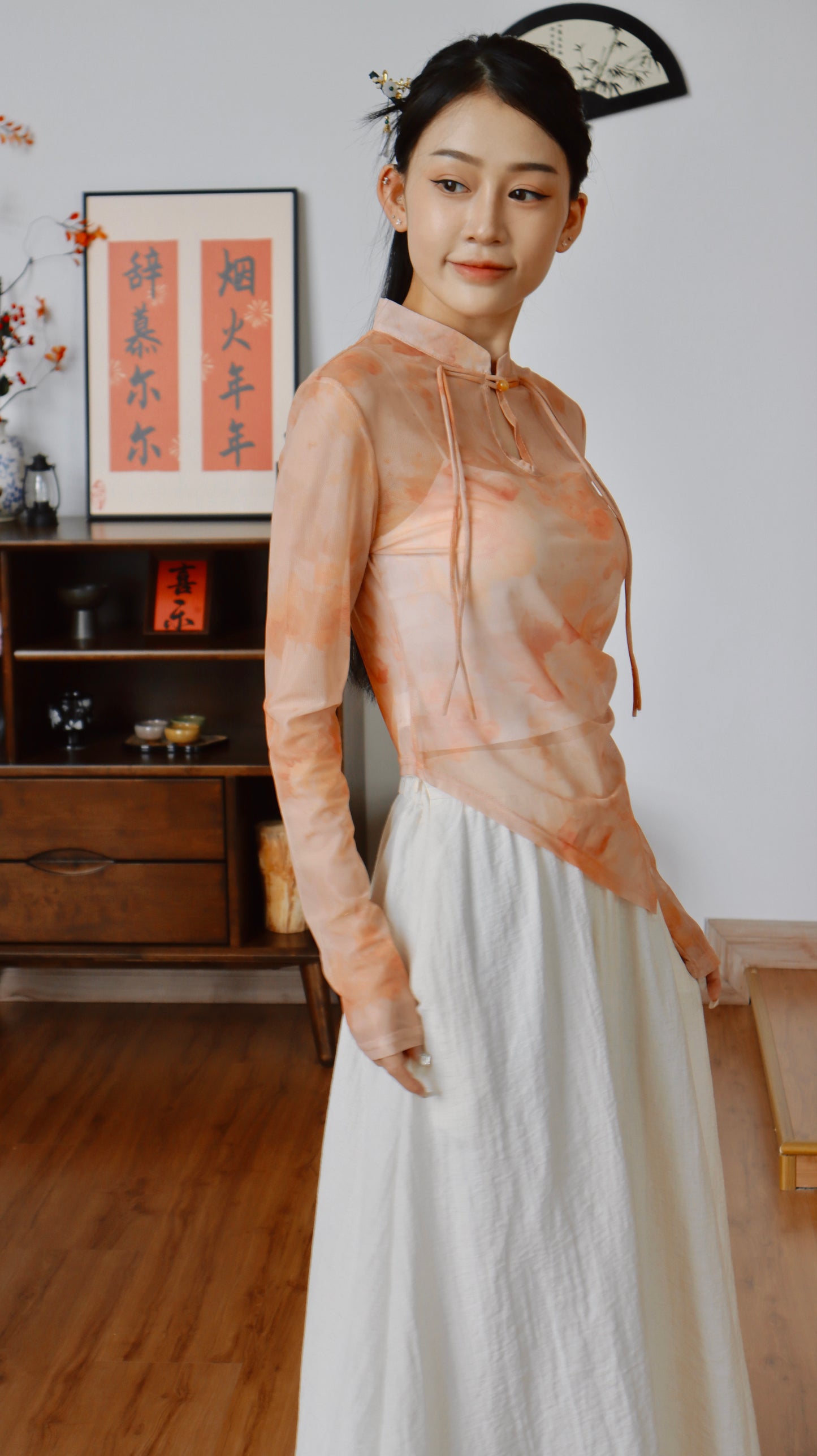 FORTUNA BLISS CHEONGSAM MESH TOP