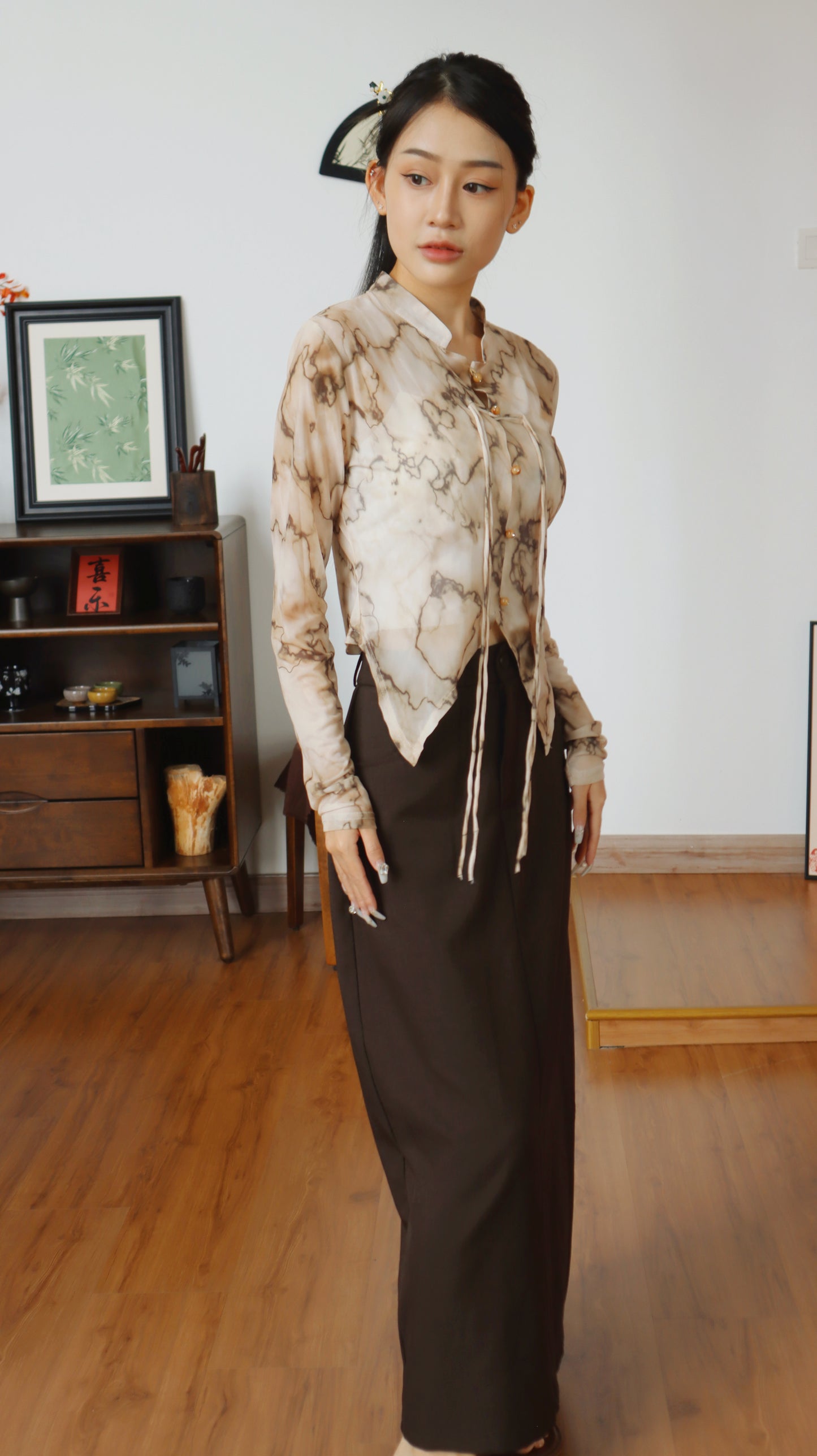CELESTE CHEONGSAM MESH TOP (OLONG TEA)