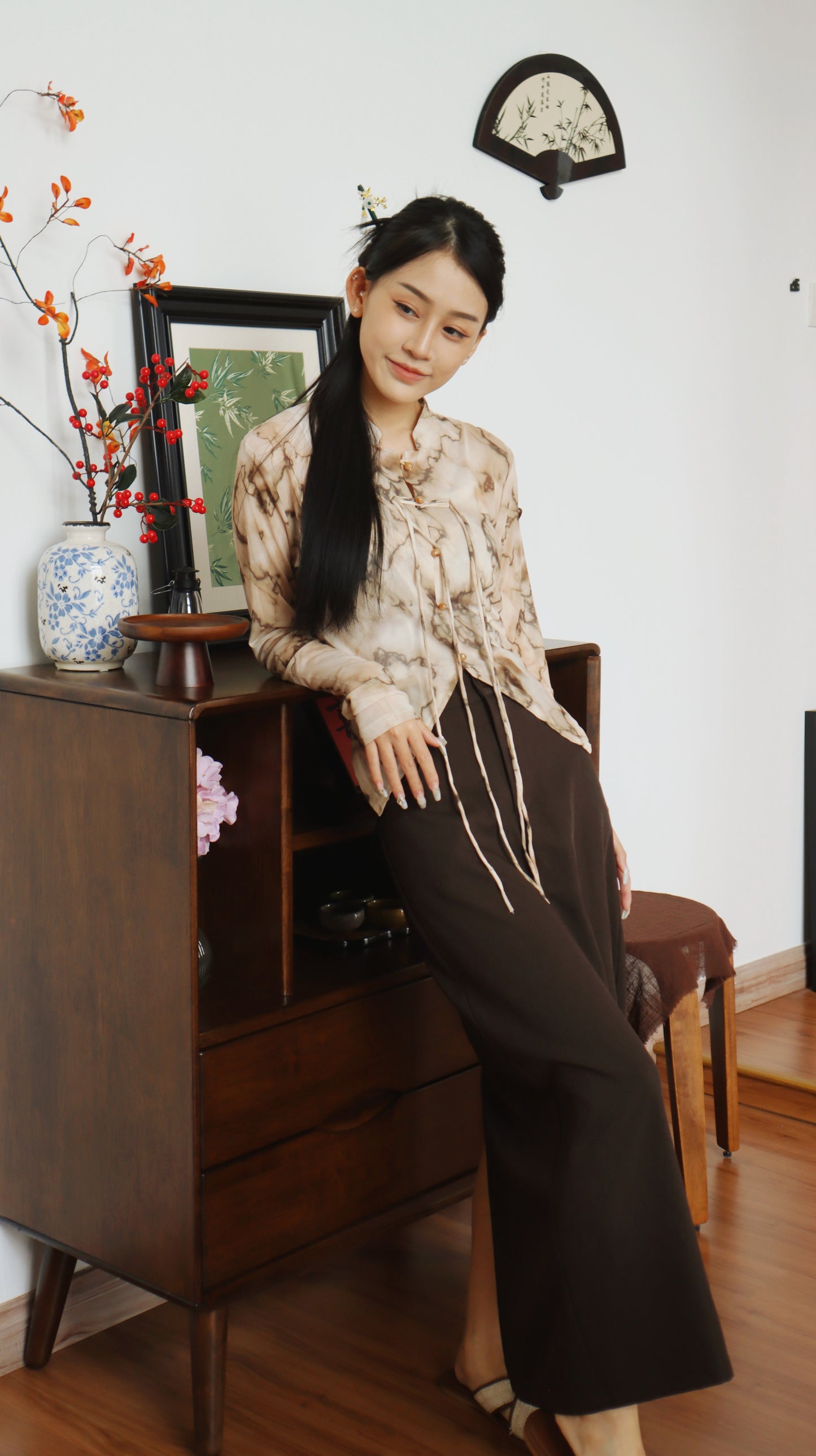 CELESTE CHEONGSAM MESH TOP (OLONG TEA)