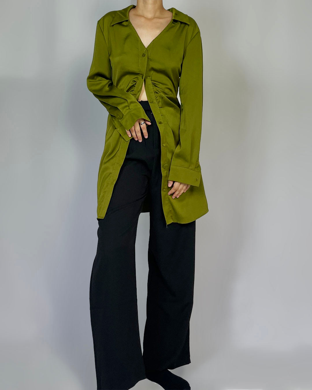 V-Neck Green Long Blouse