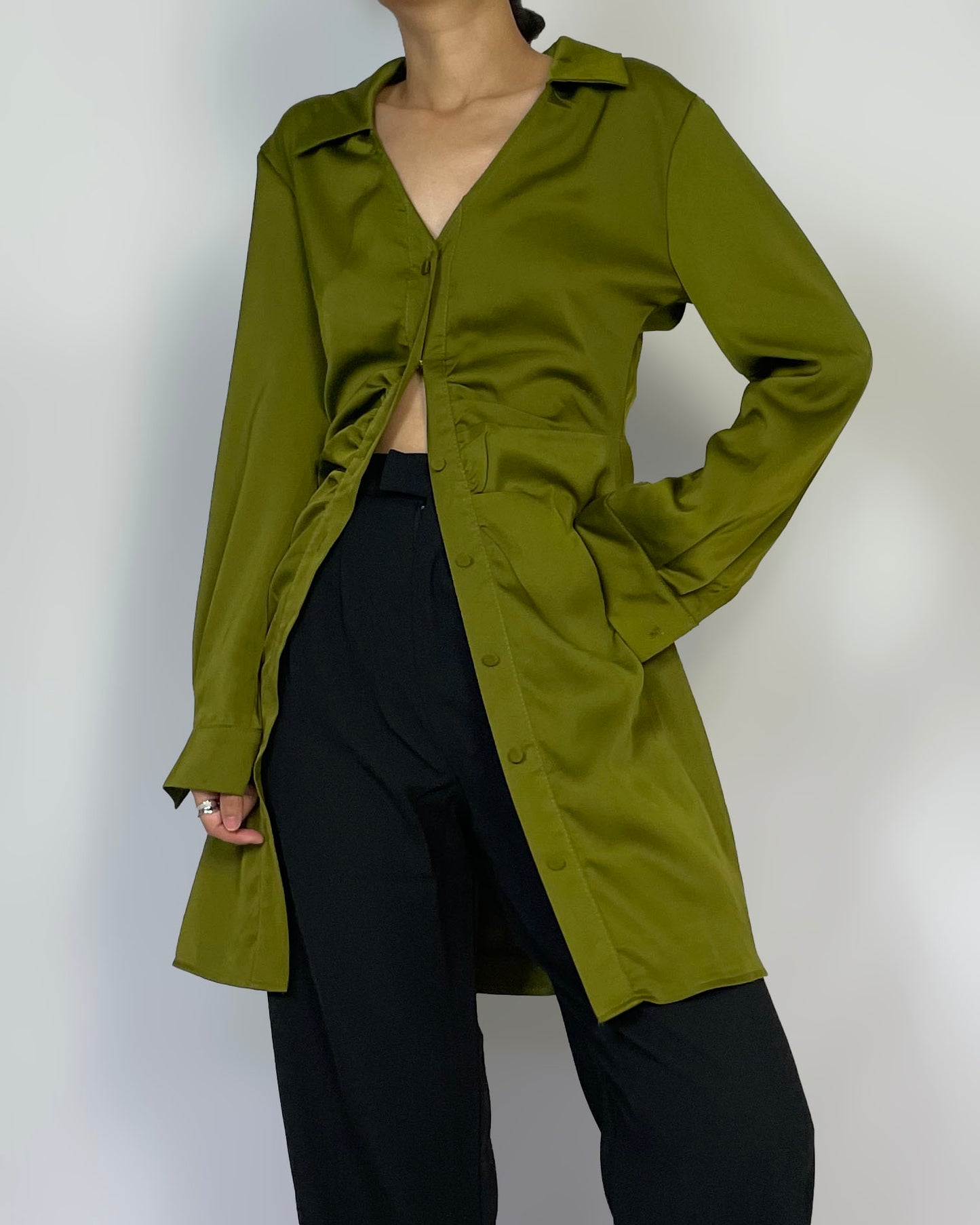 V-Neck Green Long Blouse