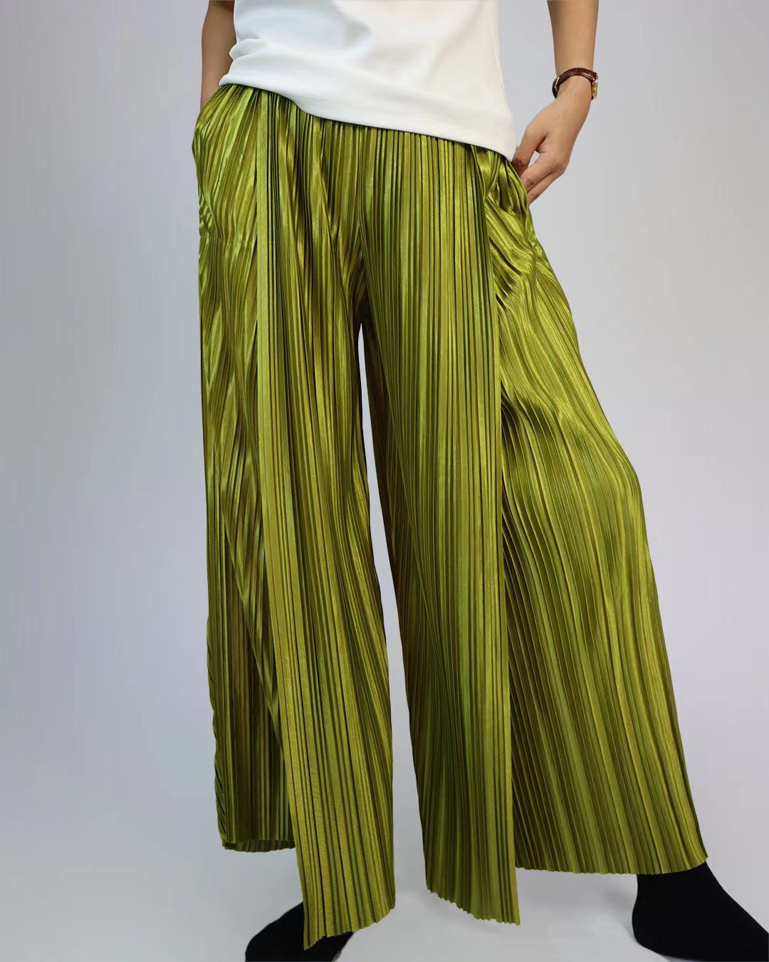 Ice Silk Pleated Green Wide Leg Pants