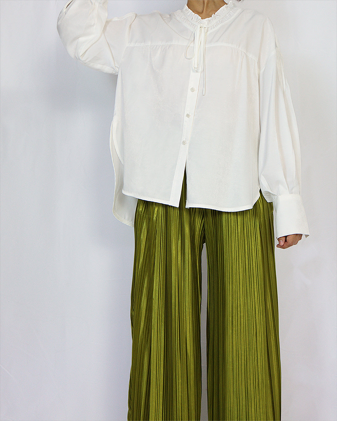 Ice Silk Pleated Green Wide Leg Pants