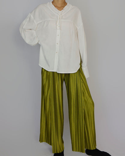 Ice Silk Pleated Green Wide Leg Pants