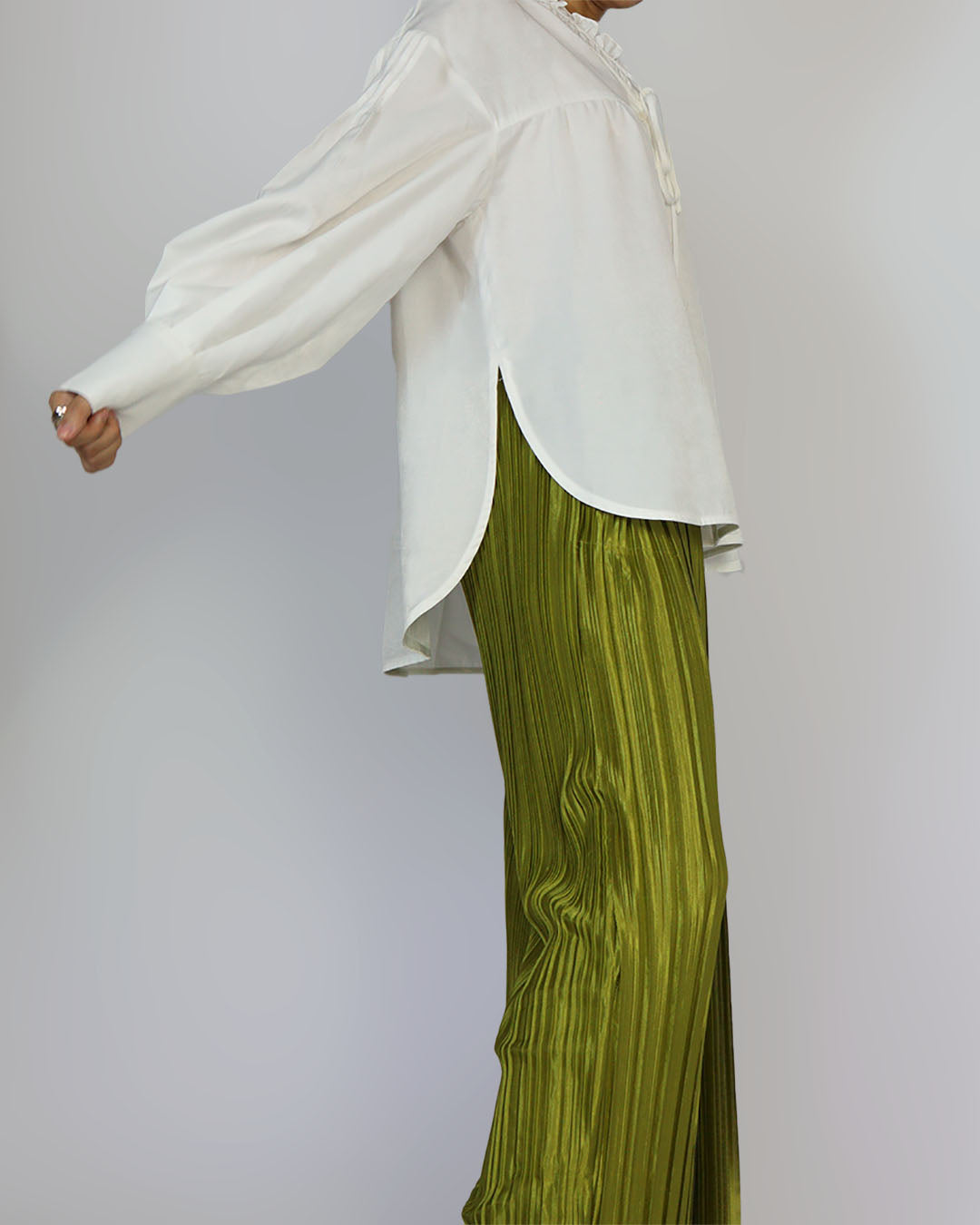 Ice Silk Pleated Green Wide Leg Pants