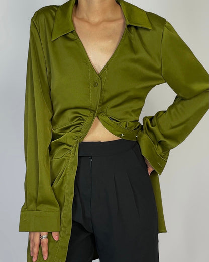 V-Neck Green Long Blouse